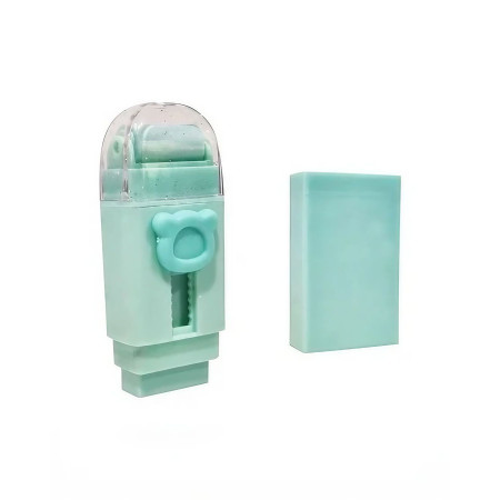 Radiera Retractabila,  Model Ursulet, Reglare Push-Pull, Radiera de tip Push, Doua Radiere de Rezerva in set din Cauciuc, Verde deschis