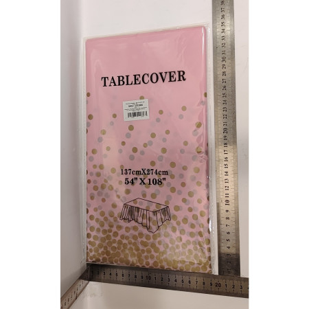 Fata de Masa, Cyrax, din PEVA, Imprimeu Buline Aurii, 137 x 274 cm, Impermeabila, Fara Pete, Curatare Rapida, Roz Deschis