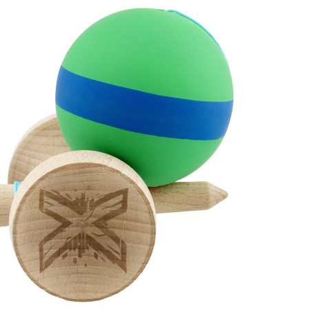 Kendama X Originala, Profesionala, Cyrax, Cupe Mari KING SIZE V3, Rubber Grip, Gaura in Baza, Rulment Metalic, din lemn 18 cm, Ata 62/65 cm, M Verde/Albastru/Verde