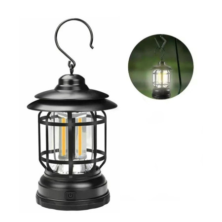 Lampa portabila camping, Felinar Vintage cu carlig, ABS, Iluminare 21 COB LED, Intensitate reglabila, 5W,  Negru