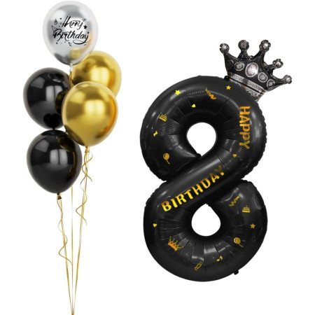 Balon din Folie Metalizata Cyrax, Figurina Cifra si Coroana, Scris Happy Birthday, Tema Aniversare 100 cm, Ambalaj Individual, Pai inclus, Umflare cu Aer sau Heliu, Negru, Cifra 8