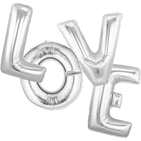 Set 4 Baloane din Folie Metalizata, Cyrax, Figurine Litere, Model Scris Love, Tema Iubire, 80 cm, Ambalaj Individual, Pai Inclus, Umflare cu Aer sau Heliu, Argintiu