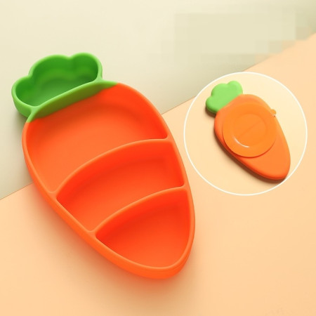 Set diversificare bebelusi Cyrax, din silicon, 23.5 x 12.5 cm, 1 farfurie compartimentata in forma de morcov, lingurita si furculita, pai, perie pai, fara alergeni, ventuza fixare,  forma creativa,  portocaliu
