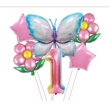 Cyrax Set baloane aniversare cu numere, din folie de aluminiu, 6 piese, 2 flori, 2 stelute, 1 fluture, 1 cifra, Multicolor, Cifra 1