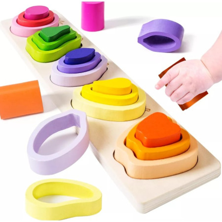 Jucarie Montessori din Lemn, Cyrax, Tip Puzzle, cu 5 Forme Asimetrice, 15 Piese, Model Fructe, Educativa, Interactiva, Creativa, Materiale Non Toxice, +2 Ani, 29x6.5 cm, Multicolor