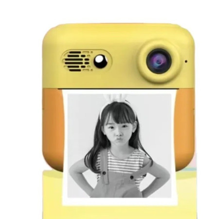Set Camera Instantanee pentru Copii, Cyrax, Ecran HD 2.4'', 24MP, 720P Video, 1200 mAh, cu Functie de Printare Alb-Negru, cablu USB-C, Bluetooth, Compatibil iOS/Android, Imprimare APP, Portocaliu