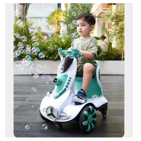 Masinuta electrica cu telecomanda pentru copii, Cyrax, roti spate rotire 360, curea siguranta, baloane de sapun, lumini si sunete, self control si prin telecomanda, cu pedale de acceleratie si frana, verde