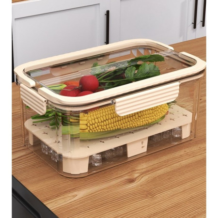 Cutie pentru Depozitare Alimente, Cyrax, de Uz Casnic, 2 Compartimente, Zona pentru Gheata, Mentinere Fresh, cu Maner, Material PET, 23x15x10.8 cm, Bej