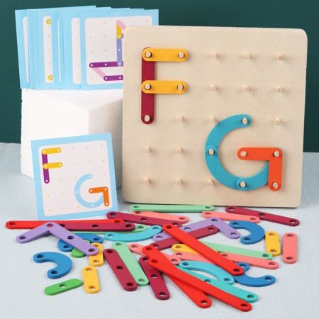 Jucarie Montessori Pegboard, Cyrax, din Lemn, Tip Puzzle, Forme, Litere, Educativ, 17.8 x 17.8 x 1.5 cm, Multicolor