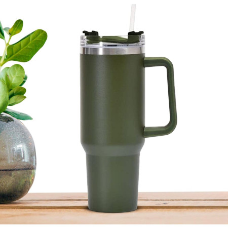 Cana Termos din Plastic, Cyrax, pentru Bauturi Calde si Reci, cu Maner, 9.9x9.9x27 cm, Verde Army