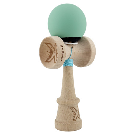 Kendama X Originala, Profesionala, Cyrax, Rubber Grip, Cupe Mari KING SIZE V3, Gaura in Baza, Rulment Metalic, din lemn 18 cm, Ata 62/65 cm, Bicolor Turcoaz/Albastru inchis