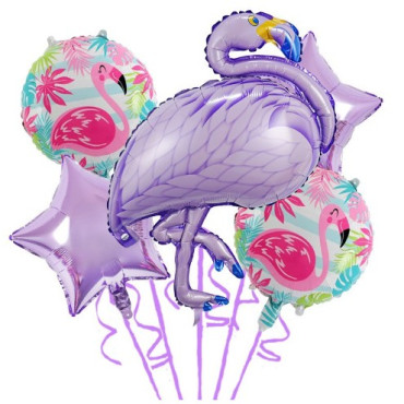 Baloane aniversare Flamingo Party, Cyrax, din Folie de aluminiu si Latex, set din 5 baloane, 1 Flamingo, 2 Stele, 2 rotunde, 60 x 90 cm, Adeziv si pai inclus  Mov