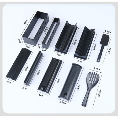Set ustensile pentru facut sushi Cyrax, 10 piese, forma inima inclus, 3 forme clasice, extensibil, finisaj lucios, material ABS, curatare usoara, negru