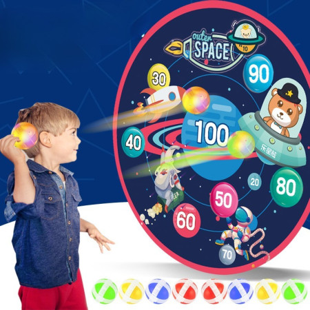 Joc Darts Cyrax pentru Copii, Placa Pliabila 36.5 cm, 8 Mingii Velcro/Scai Simple, 2 Mingii Luminoase, Model Spatiu, Albastru