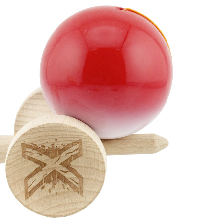Kendama X Originala, Profesionala, Cyrax, Big Cups V2, Super Sticky cu Cupe Mari, din lemn 18 cm, Rulment Metalic cu Ata 55 cm, Gradient Rosu/Alb