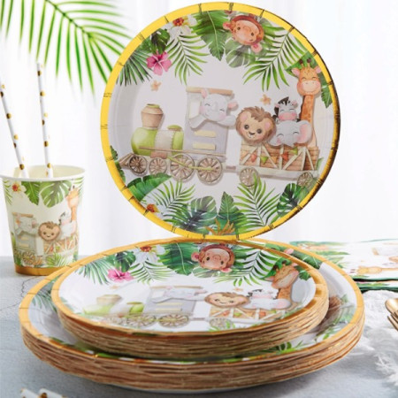 Farfurii Cartonate pentru Petreceri, Cyrax, Farfurii Cartonate de unica Folosinta pentru Zile de Nastere, Model Safari cu Animale, set 10 buc, Diametru 18 cm, Multicolor