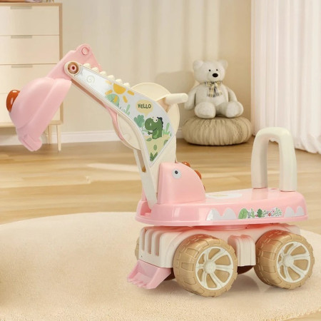 Excavator pentru Copii, Cyrax, 1-3 Ani, Greutate Portanta 30 kg, Muzica si Lumini, Rotatie 360 Grade, 45 x 31 x 35 cm, 4 Roti, Roz