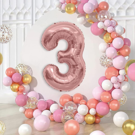 Balon din Folie Metalizata Cyrax, Figurina Cifra, Tema Aniversare 40 cm, Ambalaj Individual, Pai inclus, Umflare cu Aer sau Heliu, Rose Gold, Cifra 3