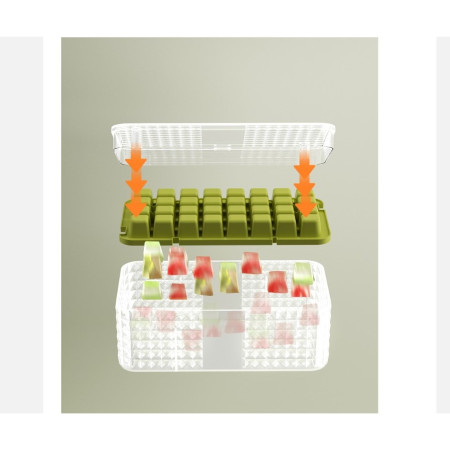 Set 3 forme pentru gheata si o caserola pentru depozitare Cyrax, 96 de cuburi, verde