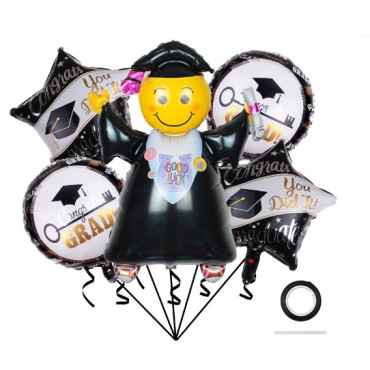 Baloane cu tematica Absolvire, Cyrax, set din 5 baloane, 1 Figurina Absolventa, 2 stele, 2 rotunde, din folie de aluminiu, 70 x 40 cm, Aer si Heliu, Alb Negru
