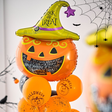 Set 5 Baloane din Folie Metalizata, Cyrax, Figurine, Tema Halloween, Pai Inclus, Ambalaj Individual, Umflare cu Aer sau Heliu, Figurina Dovleac 54x87 cm, Stelute si Cerculete 45 cm, Multicolor