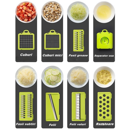 Feliator Multifunctional, Cyrax, Razatoare, 8 in 1, pentru Fructe si Legume, 10 Piese, Lame de Inox, Recipient Stocare, Separator Oua, Protectie Mana, ABS, 67.5x38.5x49.5 cm, Verde/Alb
