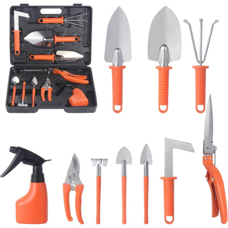 Set 10 Unelte de Gradina,  pentru Plantare Prelucrare Sol si Ingrijire Plante, Manere Portocalii, Material PVC si Otel Inoxidabil, Cutie Inclusa, 37x28x7 cm, Negru