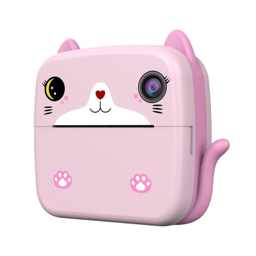 Camera Instantanee pentru Copii, Cyrax, cu Functie de Printare, Camera Frontala + Selfie, Cablu USB-C, Bluetooth, Compatibil iOS/Android, Imprimare APP, Model Pisica, Roz