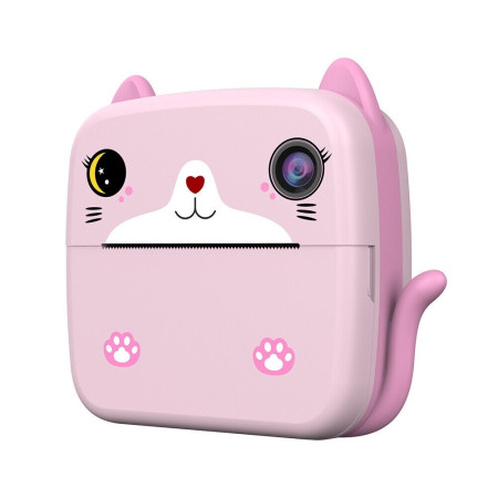 Camera Instantanee pentru Copii, Cyrax, cu Functie de Printare, Camera Frontala + Selfie, Cablu USB-C, Bluetooth, Compatibil iOS/Android, Imprimare APP, Model Pisica, Roz