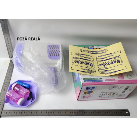 Pistol pentru Baloane de Sapun, Cyrax, 69 de Gauri, Lumini Colorate, Tavita, Lichid, Baterie de Li, Cablu de Incarcare, 24cm x 14cm x 24cm, Mov