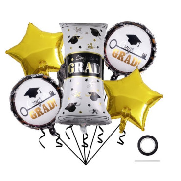Baloane cu tematica Absolvire, Cyrax, set din 5 baloane, 1 Figurina Diploma, 2 stele, 2 rotunde, din folie de aluminiu, 70 x 40 cm, Aer si Heliu, Auriu Negru