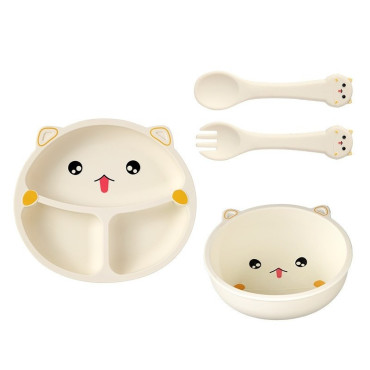 Set 4 Piese Hranire Bebelusi si Copii, Cyrax, din Silicon, fara BPA, de la 12 Luni, Model Pisicuta, 28 x 26 x 2 cm, Bej