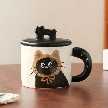 Cana din Ceramica, Cyrax, Model in Cutie pentru Cadou, Cana pentru Ceai, Cafea, Cana Retro Design Capac cu Figurina 3D, 9.5 x 8 x 8 cm, 360 ml, Bej, Print Pisica Maro Negru