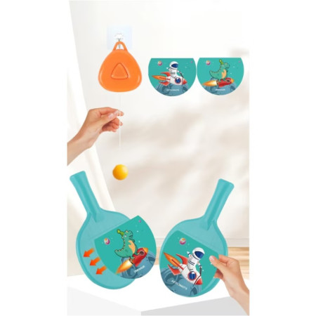 Set 2 Palete de Tenis de Masa, Cyrax, pentru Copii, Design Animat, Tematica Astronauti, Accesoriu de Agatat Inclus si 4 Mingi, Albastru