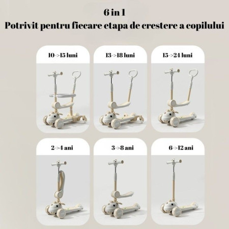 Trotineta Multifunctionala 6 in 1, Cyrax, Pentru Copii De La 10 Luni Pana La 12 Ani, Cu Maner De Impingere, Reglabil 360, Pliere Usoara, Reglarea Inaltimii, Model Dinozaur, Alb/Bej