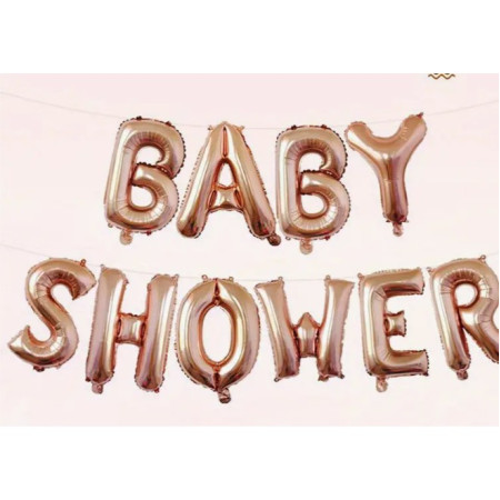 Set Baloane din Folie Metalizata, Cyrax, Model Baby Shower, Litere de 40 cm, Baloane Party, Ambalaj Individual, Pai, Ata si Adeziv Incluse, Umflare cu Aer sau Heliu, Rose Gold