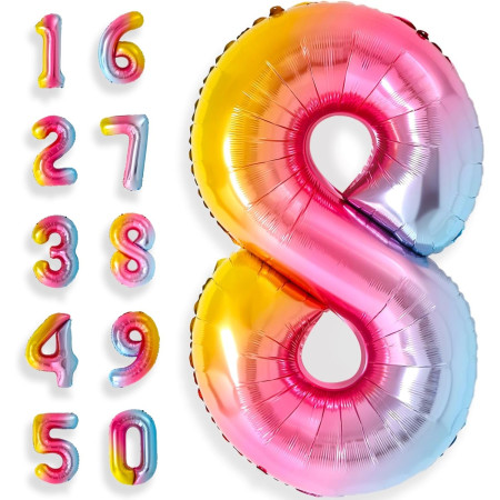 Balon din Folie Metalizata Cyrax, Figurina Cifra, Tema Aniversare 40 cm, Ambalaj Individual, Pai inclus, Umflare cu Aer sau Heliu, Multicolor, Cifra 8