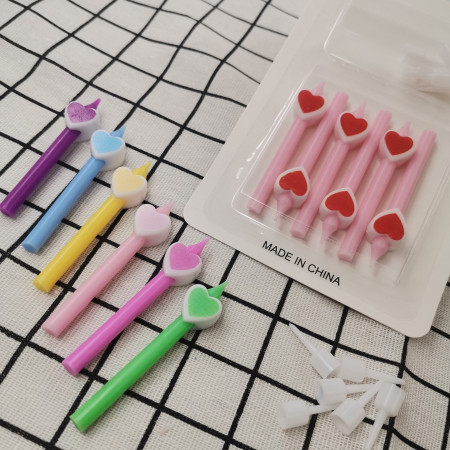 Set 6 Lumanari de Tort, Cyrax, Model Creion cu Inimioare, 5.9 x 1.1 cm, din Ceara, Multicolor