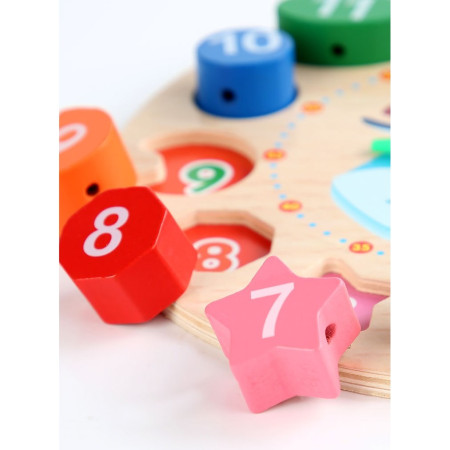 Jucarie Educativa Cyrax, Tip Montessori, Model Ceas Pinguin, din Lemn, + 36 Luni, 12 Piese, 17.2 cm, Multicolor