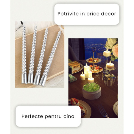 Set 4 Lumanari pentru Masa, Cina, Decor,  Model Rasucit, Lungime 25 cm, Roz