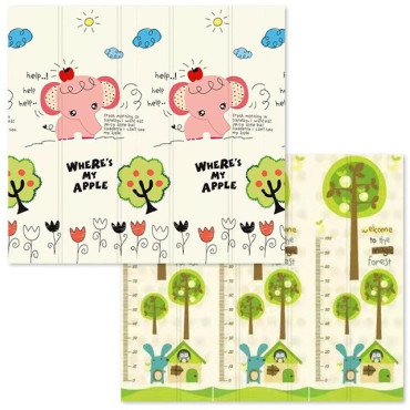 Covoras pentru Copii, Cyrax, cu 2 Fete, Model Elefantei/Padure, din XPE+PE, Impermeabil, Antiderapant, Protectie Termica, +3 Luni, Pliabil, 180 x 200 x 1.5 cm, Multicolor