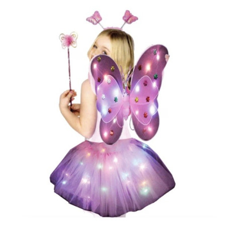Costum Fluturas cu Aripi Modelabile Luminoase pentru Copii, Cyrax, Fusta din Tul cu Lumini, Bagheta si Bentita, 4 piese, Pentru Halloween, Roleplay, Craciun, Carnaval, Paste, Ziua Copilului, Bumbac/Poliester, Marime universala, Roz-Rosu