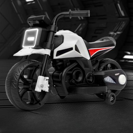 Motocicleta Electrica cu 2 Roti Mari si 2 Roti Ajutatoare, Cyrax, Acumulator Incarcare, Anti-Rasturnare, Lumini, Muzica, Motor:380, Baterie 6V4.5, 41.5x70x34 cm, 4.5 Kg, 3 Ani+, Alb Negru