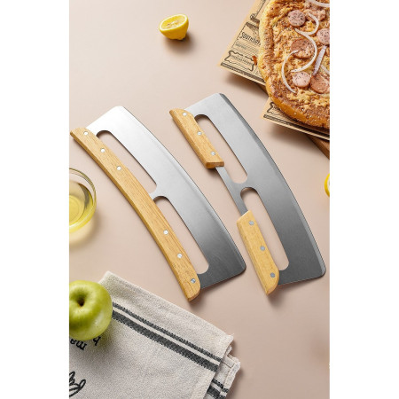 Taietor Feliator de Pizza, Cyrax, din Otel Inoxidabil, cu Capac, Maner din Doua Bucatie, din Lemn, Antialunecare, Lama Neteda si Ascutita, 34x10 cm, Maro