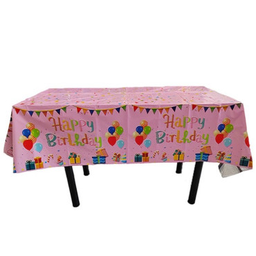 Fata de Masa, Cyrax, din Folie, Imprimeu Happy Birthday cu Baloane, 137 x 274 cm, Roz