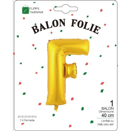 Balon Folie Metalizata Litera F, Cyrax, 40 cm, Umflati cu Heliu sau Aer, Ambalaj Individual, Pai inclus, Auriu