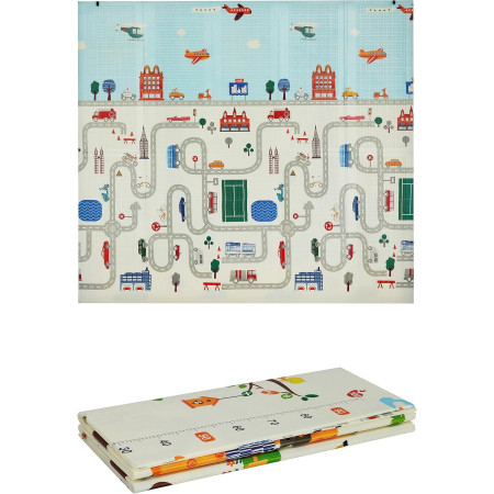 Covoras pentru Copii, Cyrax, cu 2 Fete, Model Trafic/Girafe, din XPE+PE, Impermeabil, Antiderapant, Protectie Termica, +3 Luni, Pliabil, 180 x 200 x 1 cm, Multicolor