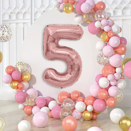 Balon din Folie Metalizata Cyrax, Figurina Cifra, Tema Aniversare 40 cm, Ambalaj Individual, Pai inclus, Umflare cu Aer sau Heliu, Rose Gold, Cifra 5