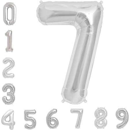 Balon din Folie Metalizata Cyrax, Figurina Cifra, Tema Aniversare 40 cm, Ambalaj Individual, Pai inclus, Umflare cu Aer sau Heliu, Argintiu, Cifra 7