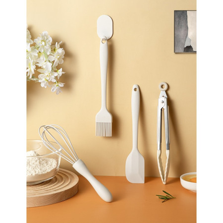 Set 4 Ustensile de Bucatarie, Cyrax, din Silicon+Inox, Termorezistente, Antiaderente, 20 x 15 x 4 cm, Alb Ivory